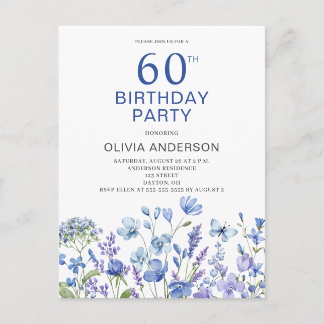 60e anniversaire Blue Floral Invitation (Devant)