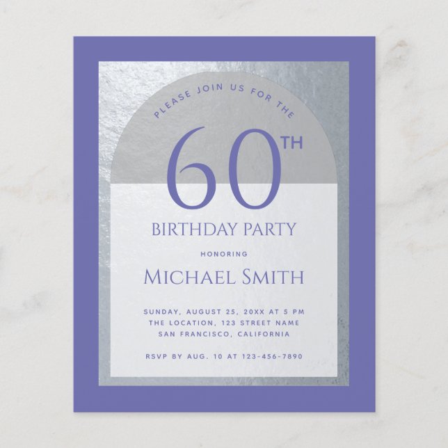 60e anniversaire Budget Violet Faux Argent Invitat (Devant)