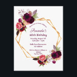 60e anniversaire burgundy invitation à l'or floral<br><div class="desc">Sur le devant : Une invitation pour une élégante fête du 60e anniversaire. Un arrière - plan blanc chic avec un cadre géométrique en faux or. Décoré de fleurs bordeaux foncé et rose aquarelle, de plumes roses et boho. Modèles pour un nom et les détails de la fête. Le nom...</div>