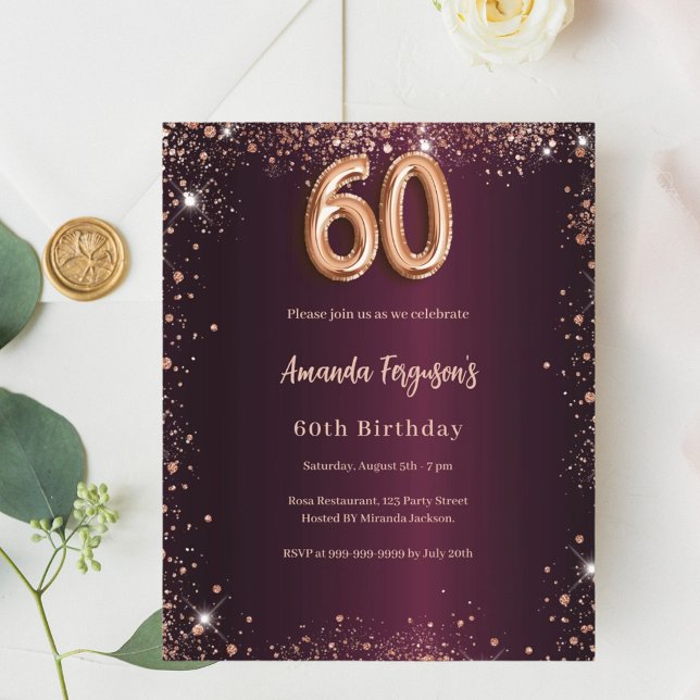 60e anniversaire burgundy rose or invitation (Créateur téléchargé)