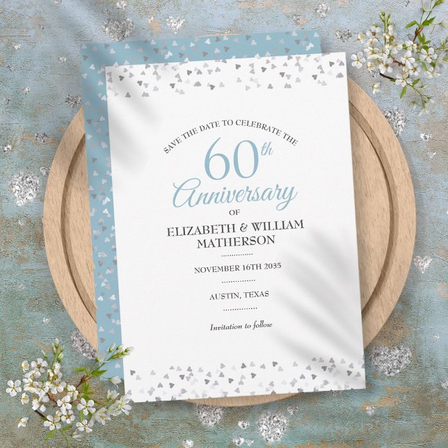 60e Anniversaire de Mariage Cartes de Pré-annonce  (60th Anniversary Save the Date Hearts Confetti Invitation)
