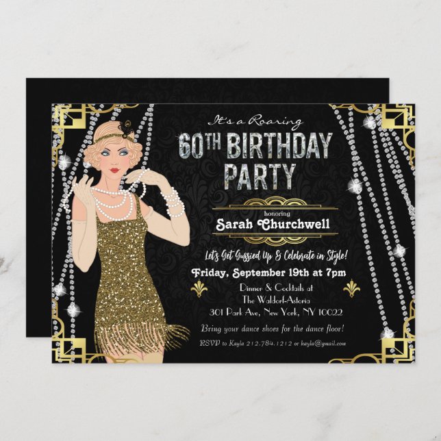 60e anniversaire Déco Gatsby Flapper Invitation fi (Devant / Derrière)