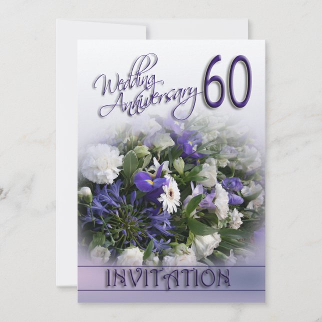 60e anniversaire du Mariage Invitation Fleurs bleu (Devant)