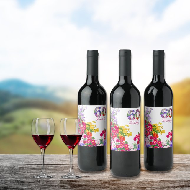 60e anniversaire fleur bouquet étiquettes de vin (Créateur téléchargé)