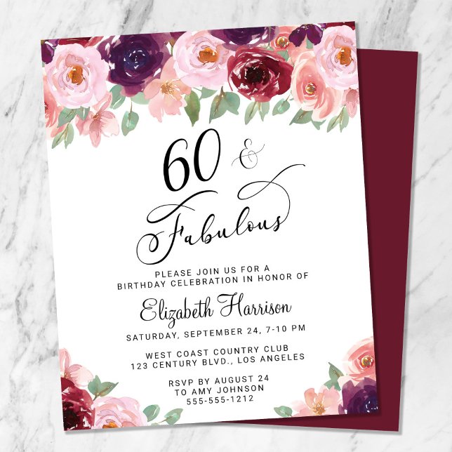 60e anniversaire Floral Bourgogne rose Invitation (Créateur téléchargé)