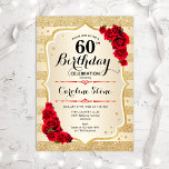 60e anniversaire - Gold Stripes Invitation Rose<br><div class="desc">Invitation du 60e anniversaire. Design élégant en or et rouge. Comprend des bandes d'or de parties scintillant fausse,  des roses rouges police de caractères stylisés et des confettis. Parfait pour une fête d'anniversaire glam.</div>