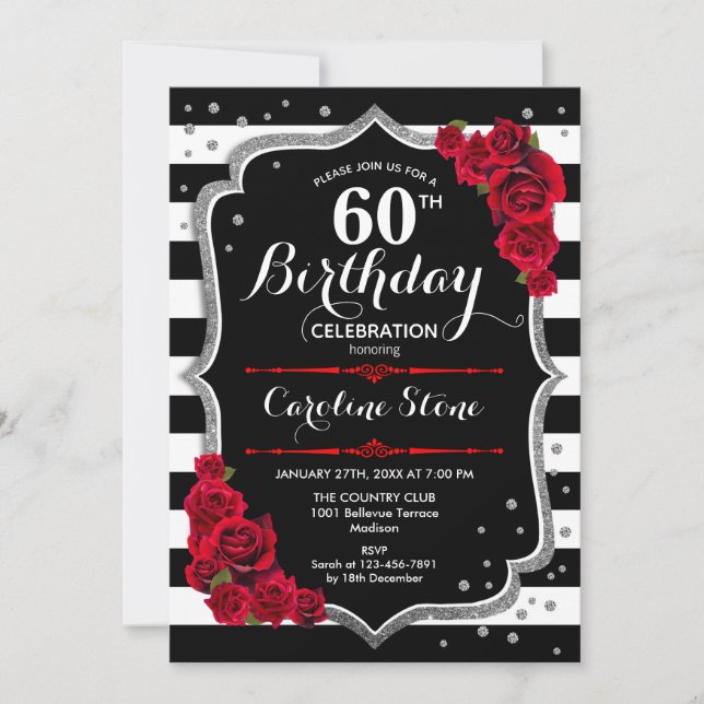 60e anniversaire Invitation Black White Stripes Ro (Devant)