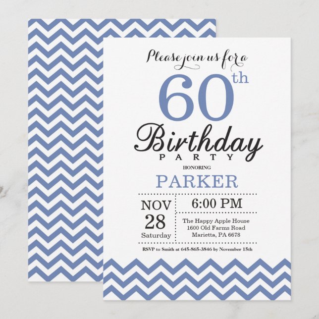 60e anniversaire Invitation Blue Chevron (Devant / Derrière)