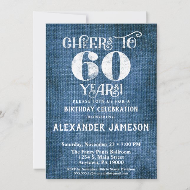 60e anniversaire Invitation Linen Bleu Rustique Ch (Devant)