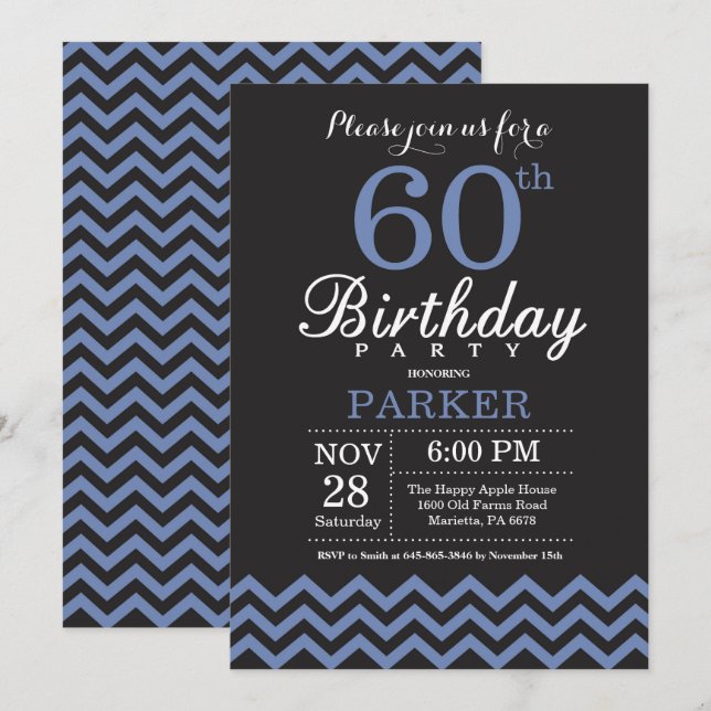 60e anniversaire Invitation noir et bleu (Devant / Derrière)