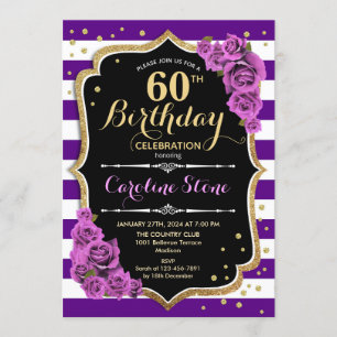 60e Anniversaire Invitation Purple Gold avec Roses