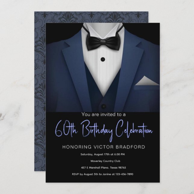 60e anniversaire invitation Tuxedo bleu et noir (Devant / Derrière)