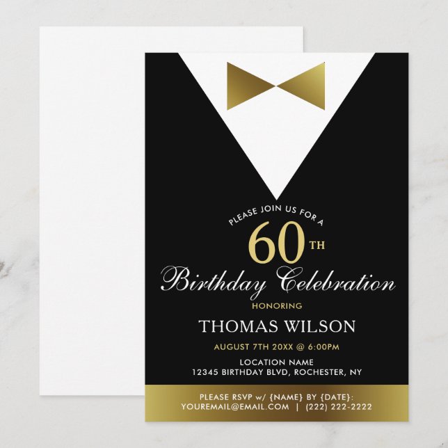 60e anniversaire Invitations Black Gold Tuxedo (Devant / Derrière)