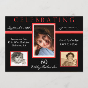 60e anniversaire Invitations photo triples Noirs e