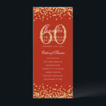 60e Anniversaire Programme Merci Or Rouge<br><div class="desc">Design élégant "Programme de fête d'anniversaire" avec confettis de fausse parties scintillant et texte personnalisé.</div>