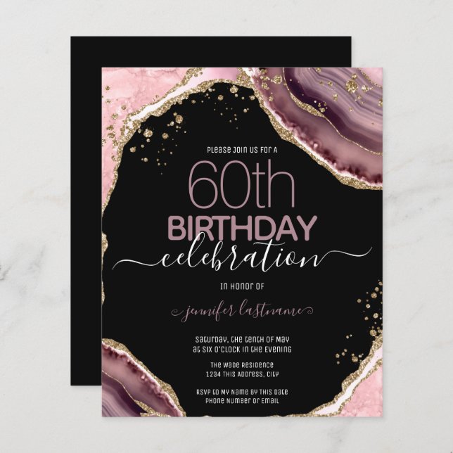 60e Anniversaire Rose Purple Agate Budget Invitati (Devant / Derrière)