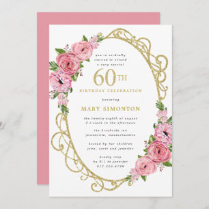 60e anniversaire Rose Rose Floral Gold Invitation