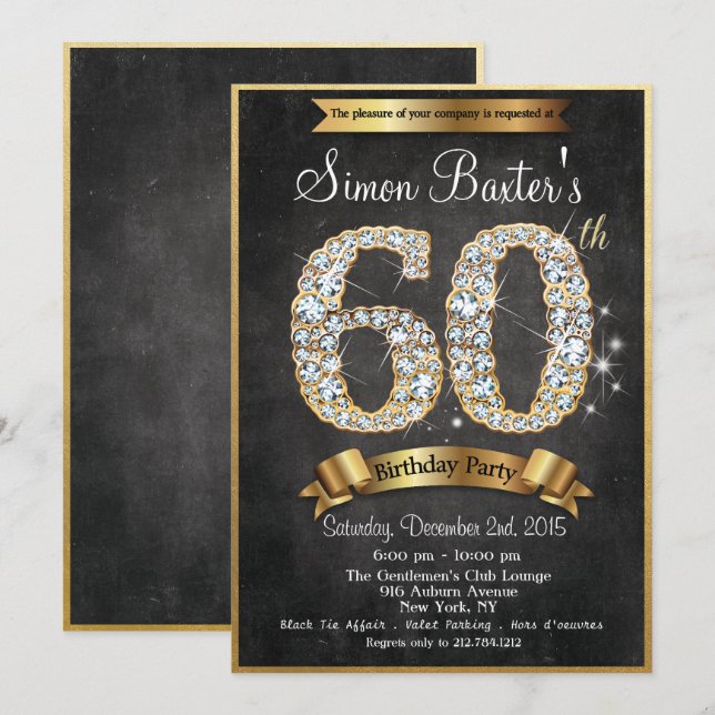 60e Gold Diamond Chalkboard Invitation Anniversair (Devant / Derrière)