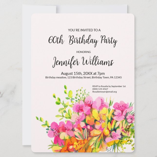 60e invitation anniversaire fleurs rose et orange (Devant)