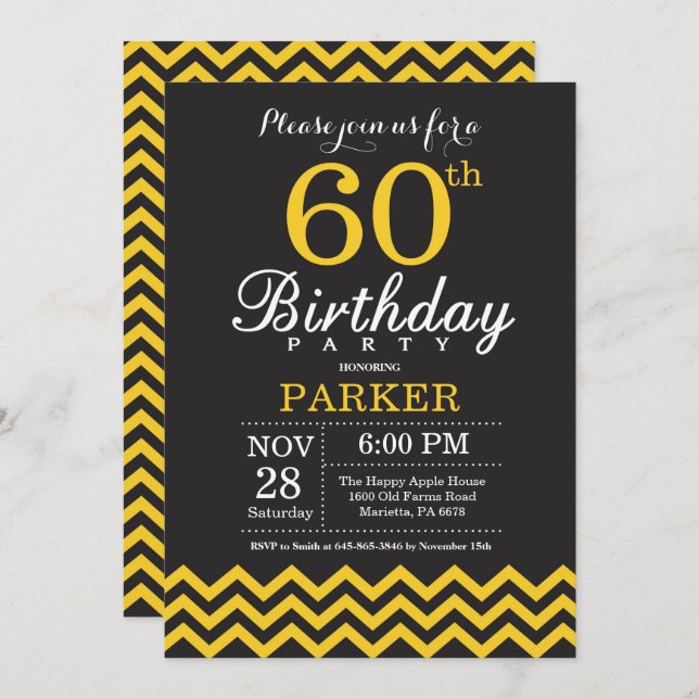 60e Invitation d'anniversaire Chevron noir et jaun (Devant / Derrière)