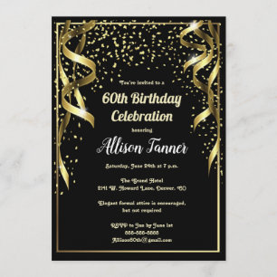 60e Invitation d'anniversaire Confetti noir et or