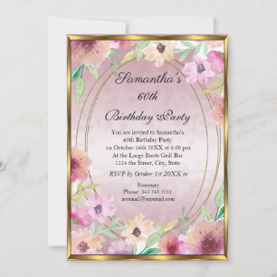 60ème Pink Floral Gold Anniversaire Invitation