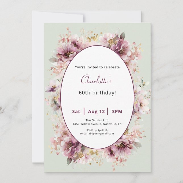 60th Birthday Invitation Purple Floral Watercolor (Devant)
