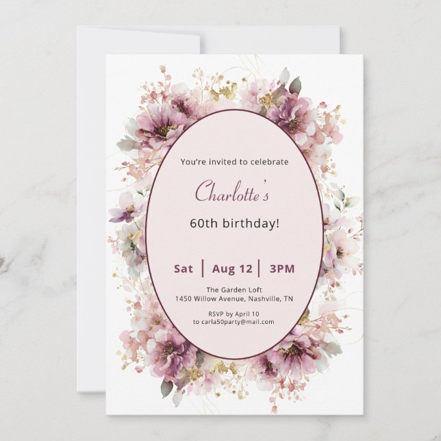 60th Birthday Invitation Purple Floral Watercolor (Devant)