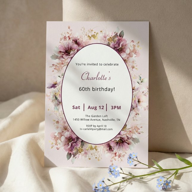 60th Birthday Invitation Purple Floral Watercolor (Créateur téléchargé)