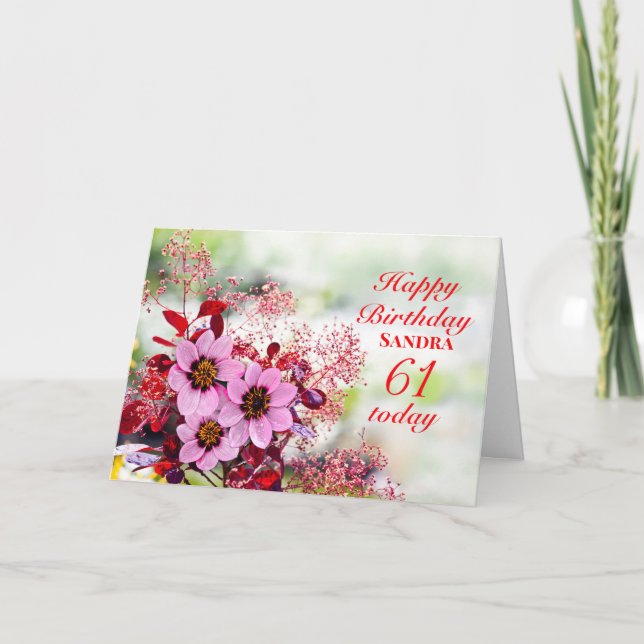 61e Anniversaire Fleurs roses Ajouter Une Carte De (Devant)