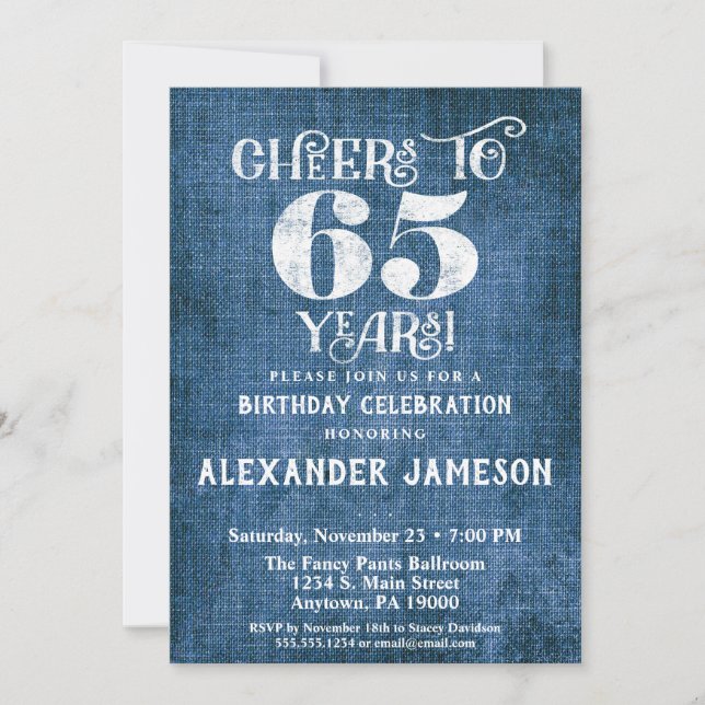 65e anniversaire Invitation Linen Bleu Bravo rusti (Devant)