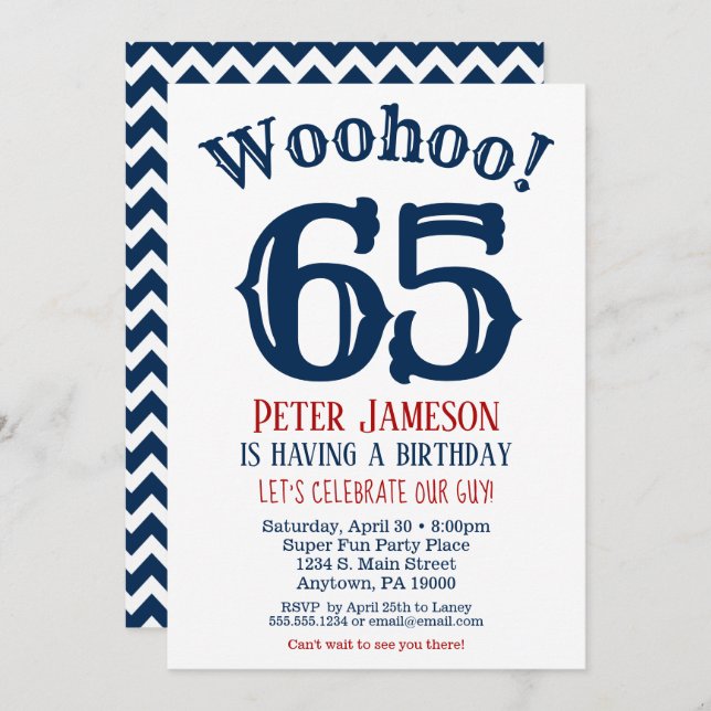 65e anniversaire Invitation Mens Marine Bleu (Devant / Derrière)