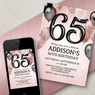 65e anniversaire Rose Gold Ballons Invitation