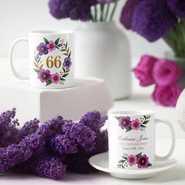 66ème Anniversaire Mug - Couronne florale avec num (Créateur téléchargé)