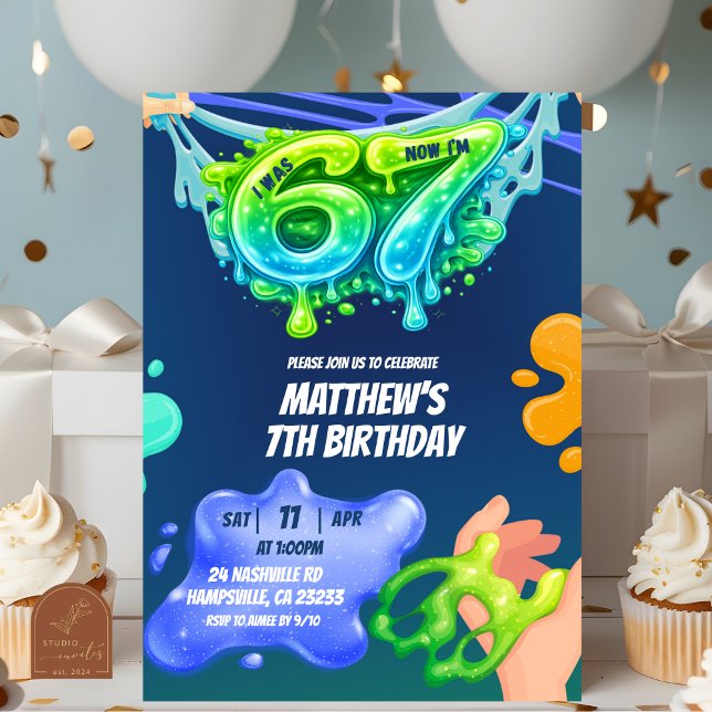 67 Boy Neon Blue Green Slime Birthday Invitation (Créateur téléchargé)