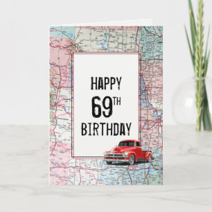 69e anniversaire Camion rouge Retro sur la carte