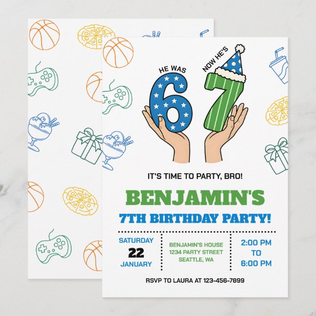 6-7 Birthday Invitation for Boys, Six Seven Meme (Devant / Derrière)