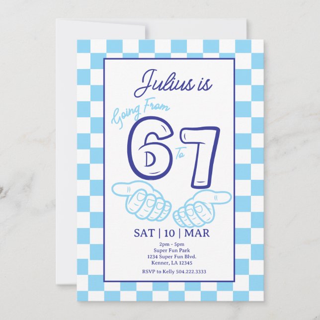 6 7 Meme Birthday Blue Checkerboard Invitation (Devant)