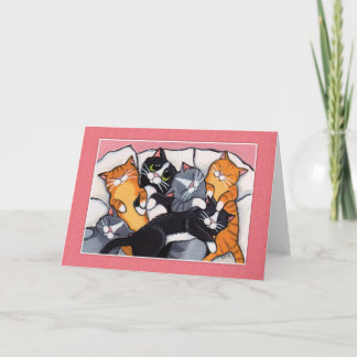 6 Chats en Sleepy dans le lit - Cartes d'Art Chat