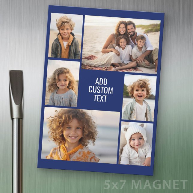 6 Collage de photos - Aimant Bleu avec Texte Blanc (Photo Magnet Sheet - 5 inches x 7 inches)