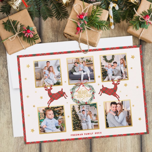 6 Photo Plaid Reindee Carte de Noël (Family Christmas Greeting Card)