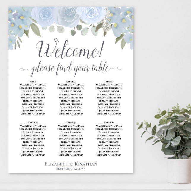 6 Table Dusty Blue Floral Tableau de Mariage Assis (In Situ on Wall)