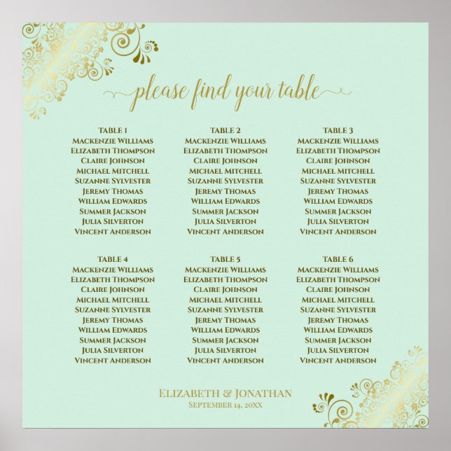 6 Tableau Neo Mint & Gold Mariage Tableau de siège (Devant)