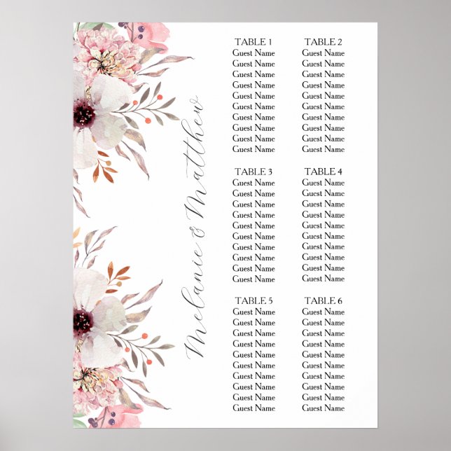 6 Tableau | Plan Rustique Boho Floral Mariage (Devant)