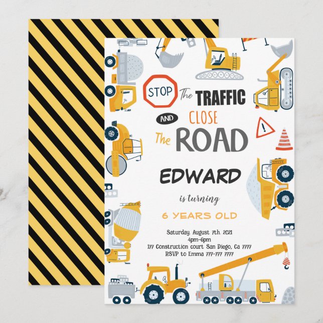 6e anniversaire Construction Boy Invitation (Devant / Derrière)
