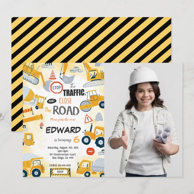 6e anniversaire Construction Photo Invitation (Devant / Derrière)