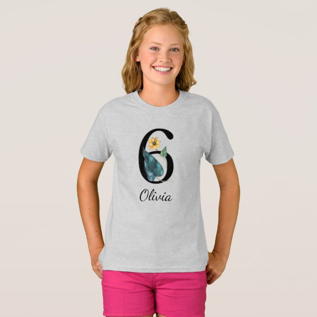 6e anniversaire Floral Nom personnalisé T-shirt (Devant entier)