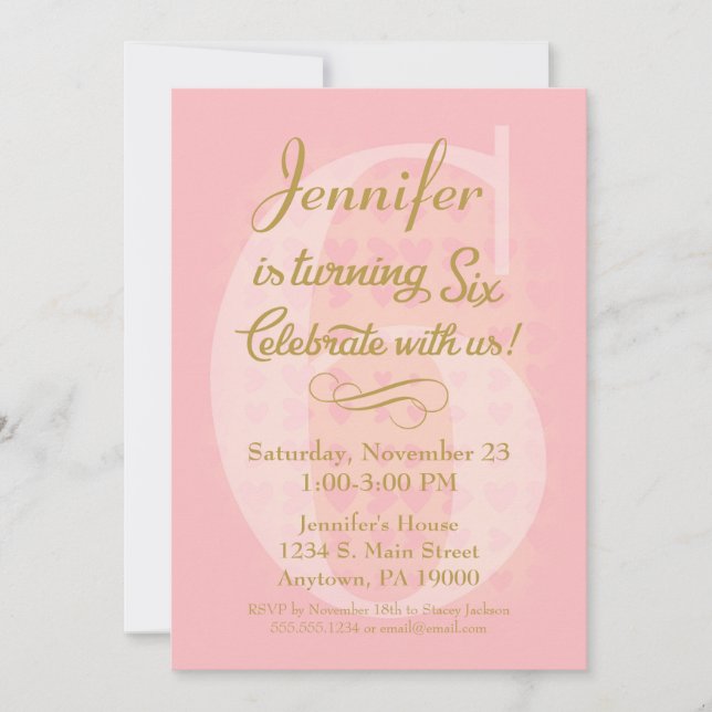 6e anniversaire Invitation Filles Coeurs d'or rose (Devant)