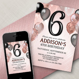 6e anniversaire Rose Gold Ballons Invitation