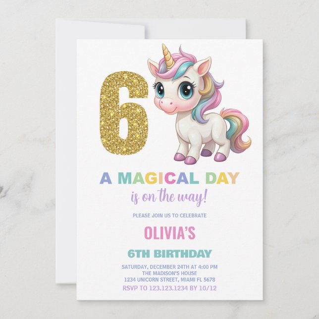 6e anniversaire Unicorn Anniversaire Invitations (Devant)